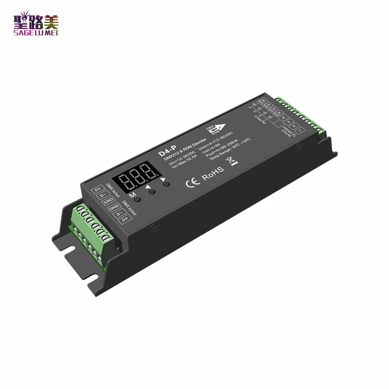 D4-E D4-P 4 channel PWM constant voltage DMX & RDM LED decoder controller digital display XLR3  RJ45 port DC12-36V input 8A*4CH