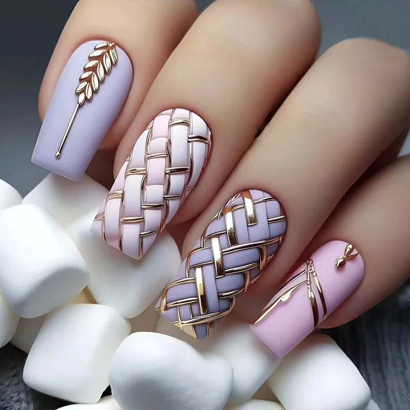 

24Pcs Long Coffin Press-on Nails: Wheat Grid Pattern on Lavender Base with Gold Lines - Rustic Elegant Style
