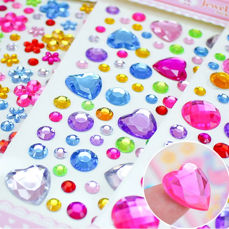 4-8Sheets 3D Gem Acrylic Crystal Stickers Kids DIY Decoration Self Adhesive Jewel Crafts Sparkly Rhinestone Stickers Girls Gifts