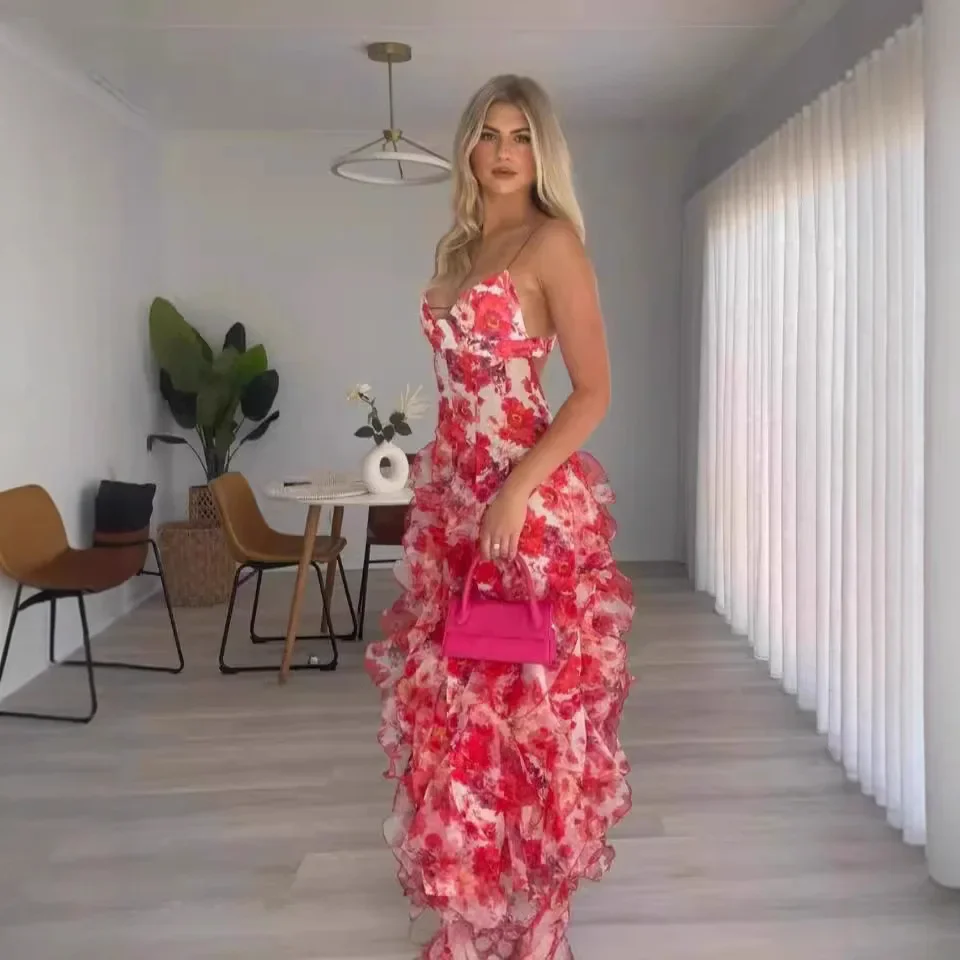 Verano nuevo 2025 mujeres Sexy cuello en V espalda descubierta flor gasa Maxi vestidos vestido Split celebridad recortado playa Maxi vestido
