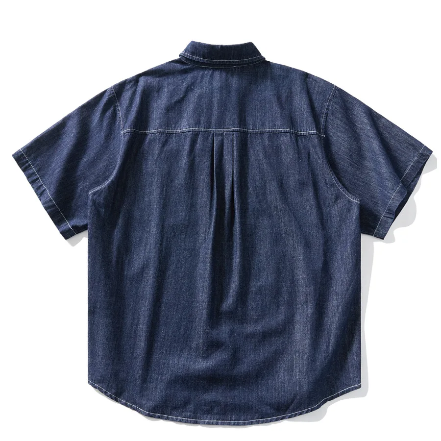 Summer Japanese Retro Amekaji Washed Denim Short Sleeved Shirt, Men's and Women's Loose Five Quarter Sleeved Workwear Shirt
