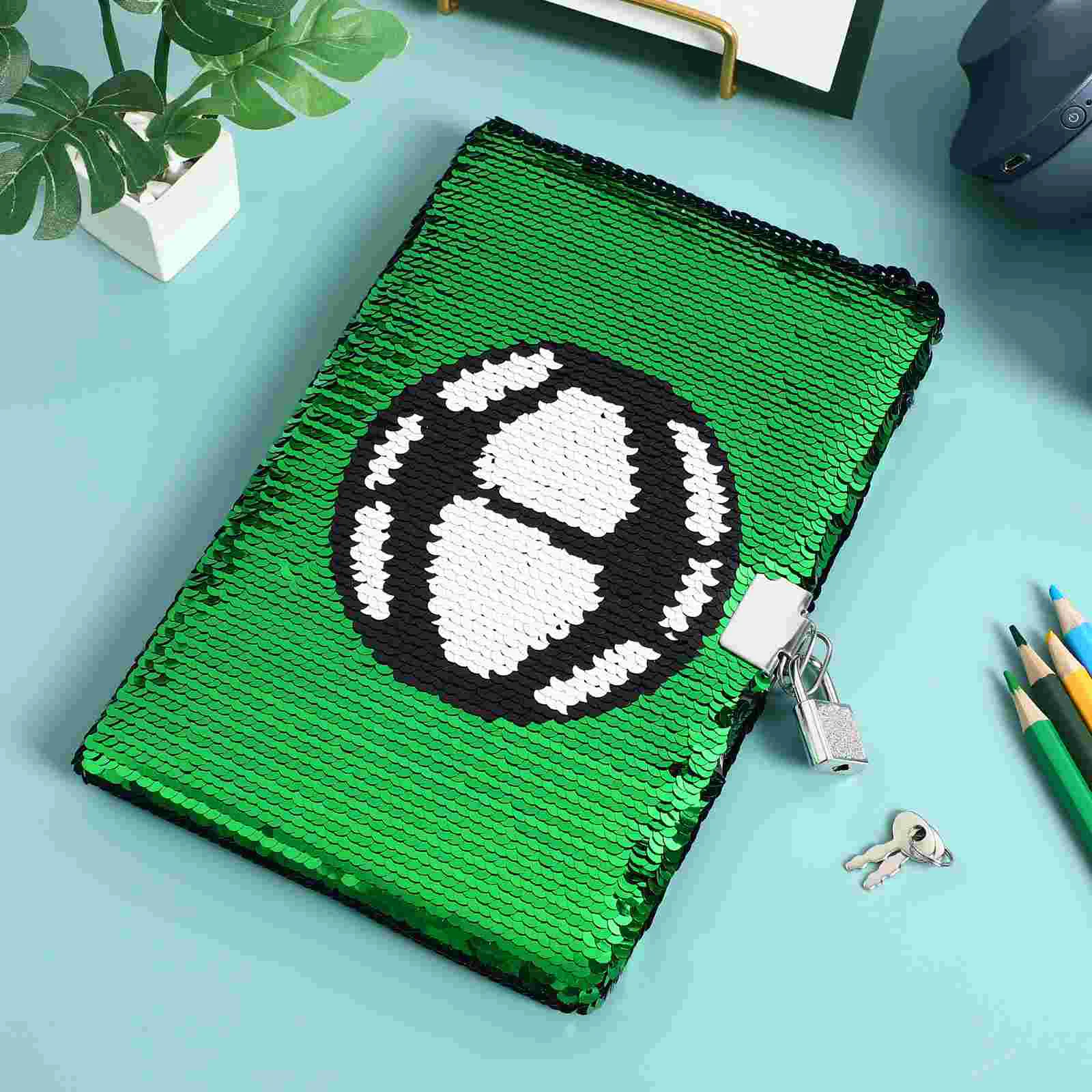 Football Pattern Sequin Journal Notebook Writing Notebook Planner Personal Diary Organizer with Lock (Green)