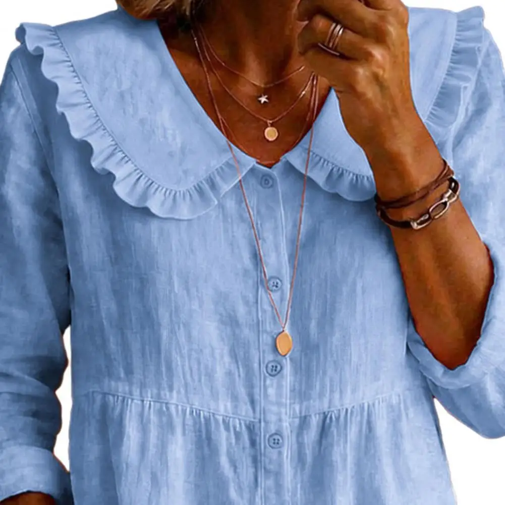 

Women Shirt Ruffled Large Lapel Long Sleeve Buttons Placket Shirt Tops Pure Color Loose Fit Mid-Length Hem Casual Tops Retro Ruf