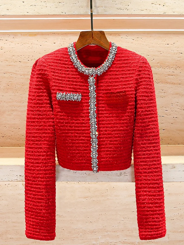 

Red Knitted Open Cardigan Coat with Diamond Embelliment High-End Women's Faion Small Fraance Sle New Year's Outfit