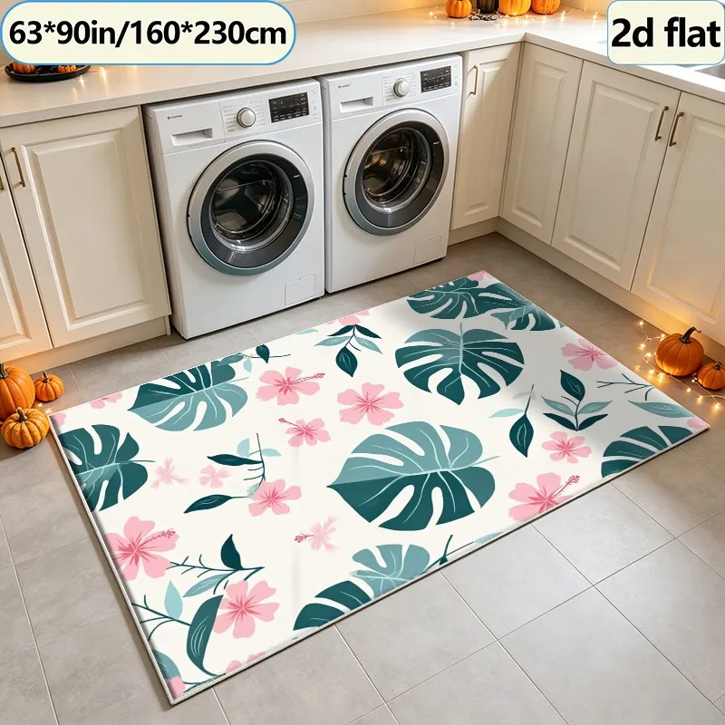 Pink Hibiscus Flower Monstera Leaf Tropical Carpet Flooring Square Area Rug Non-Slip Washable Floor Carpet for Entryway Bedroom Home Decor view 6