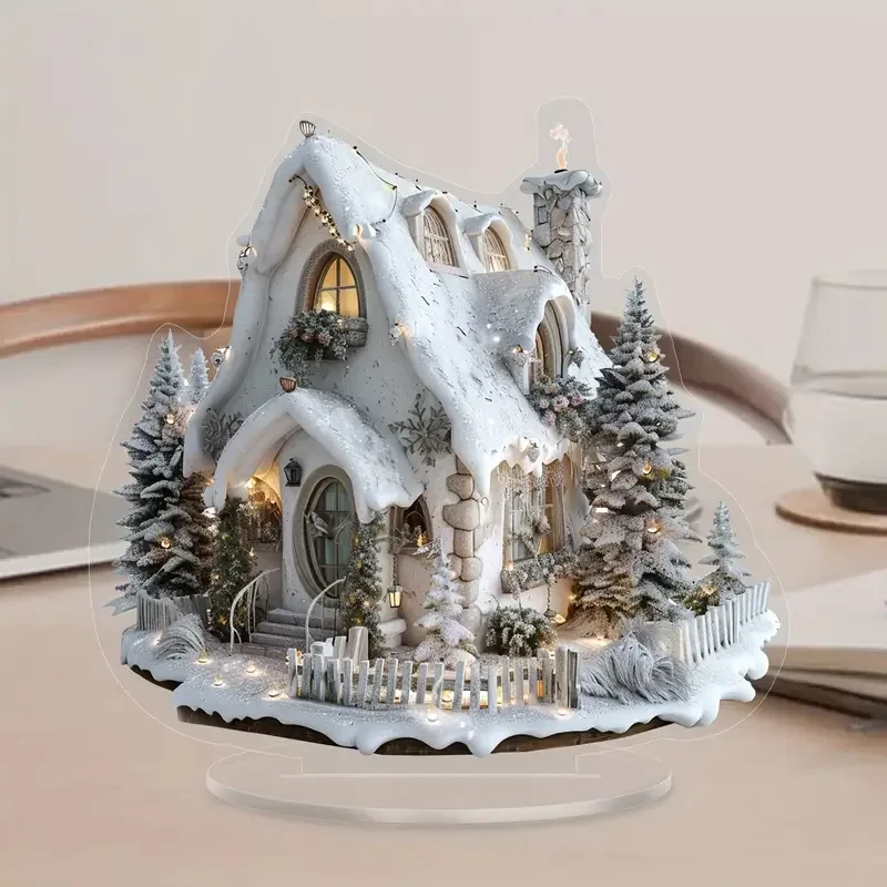 7 Teile/lose Santa's Cabin Schneemann Rentier Acryl Hause Tisch Ornament mit Basis