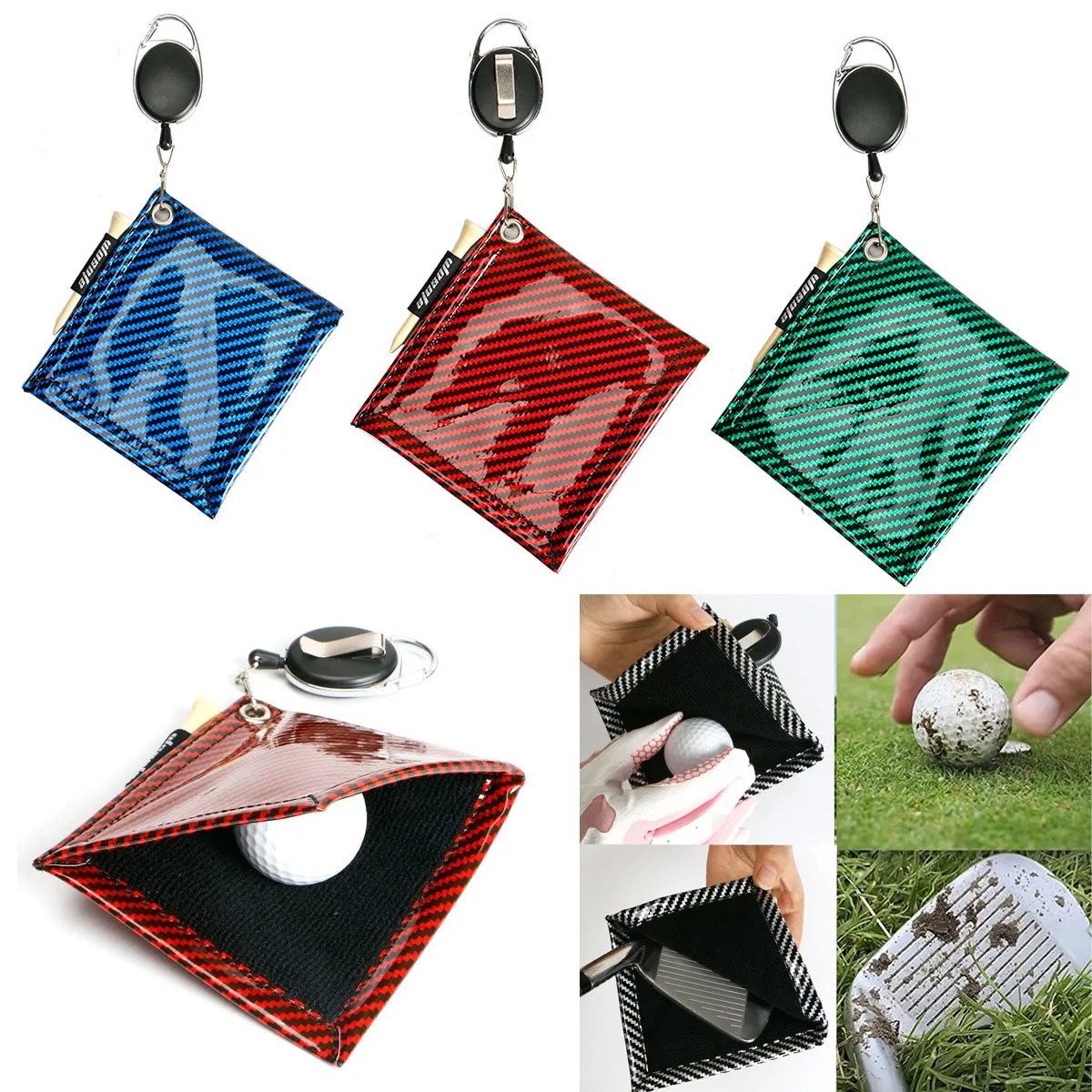 Golf Towel Golf Ball Club Head Cleaner Golf Ball Cleaning Towel Square Mini with Retractable Keychain Buckle PU Waterproof