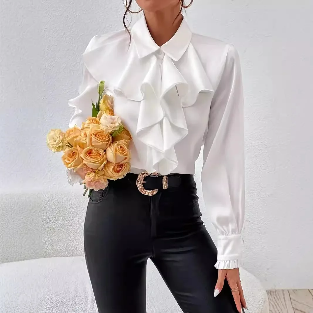 

Long Sleeve Ruffled Front Button Down Shirt With Turn Down Collar Elegant Chiffon Blouse Chic Office Wear