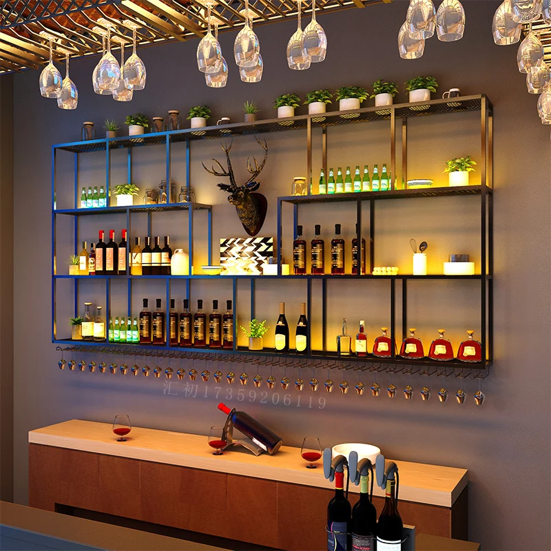 Customized: Wine cabinet, wall-mounted, wrought-iron, industrial-style shelf, bar counter, wall-mounted shelf, restaurant creati