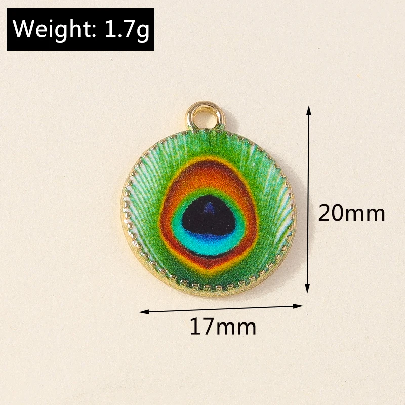 10pcs/lot 17*20mm Drip Oil Round Peacock Feather Charms for Earrings Bracelet Necklace Pendants Jewelry Making Accessories