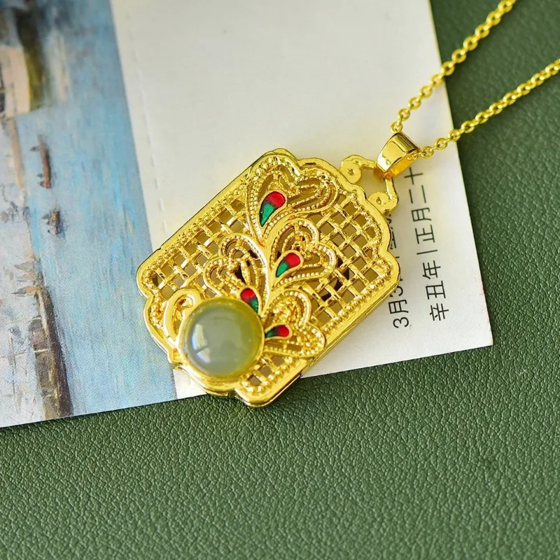 

Copper Inlaid Hetian Jade Enamel Colored Filigree Pendant