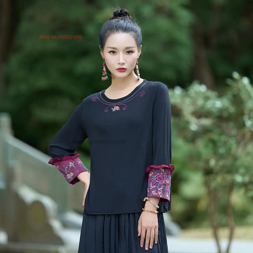 

2025 chinese traditional t-shirt national flower embroidery o-neck shirt vintage hanfu tops oriental folk shirt retro base shirt