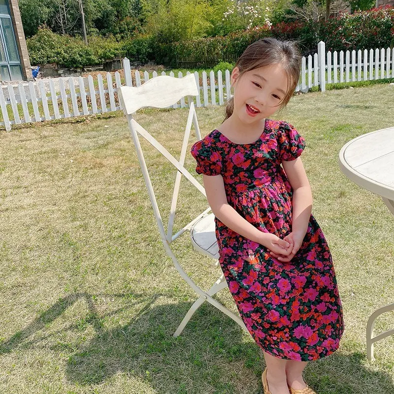 Summer Casual Baby and Girls Cotton All-Over Floral Backless A-Line Retro Long Dress School Kids Sweet Outfit Child Skirt 2-8Yrs