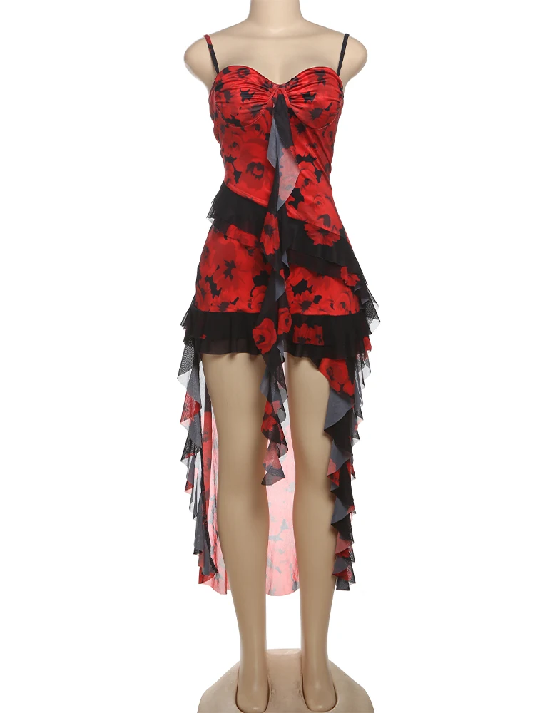 Sukienka mini bodycon z nadrukiem kwiatów Nibber, falbankami, frędzlami, głębokim dekoltem, marszczeniami, obcisła, elastyczna, seksowna, w stylu ulicznym, na nocną imprezę.