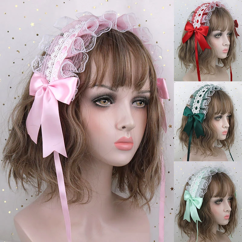 1PC Lolita Ruffled Headband Lace Ribbon Bowknot Hairband Hairpins Anime Maid Cosplay Headdress Hair Accessories Girls Gifts