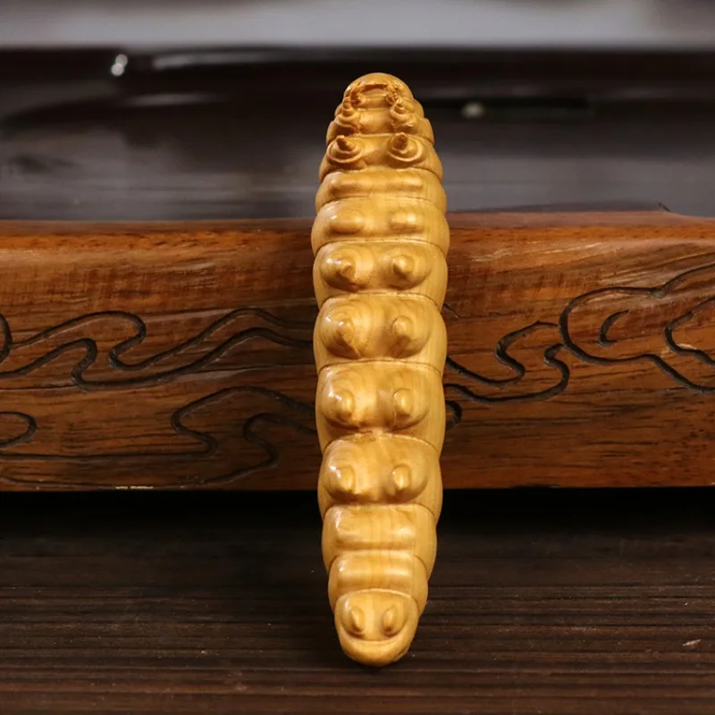 Huangyang Wood Carved Silkworm Baby Handlebars, Solid Wood Home Accessories, Small Ornaments, Plates for Playing with Stationery