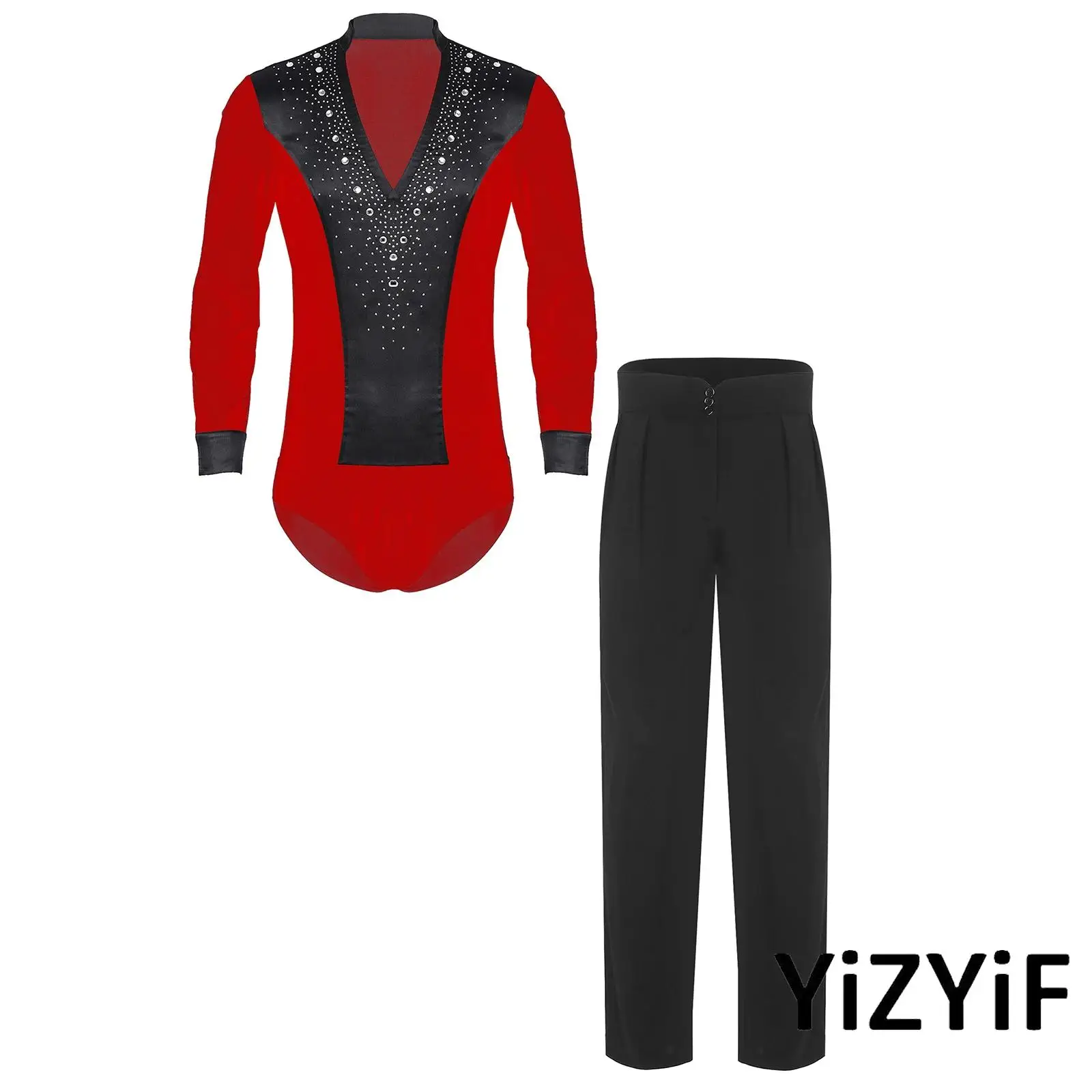 

Mens Long Sleeve Ballet Dance Leotard with High Waist Long Pants Set Lyrical Ballet Latin Dance Costume for Rumba Tango Dance