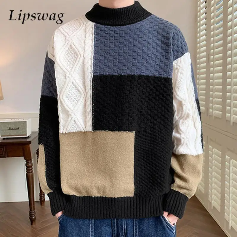 Contrast Color Patchwork Fashion Sweaters Men Long Sleeve Mock Neck Knitted Jumper Tops Mens Autumn Winter Vintage Sweater Tops