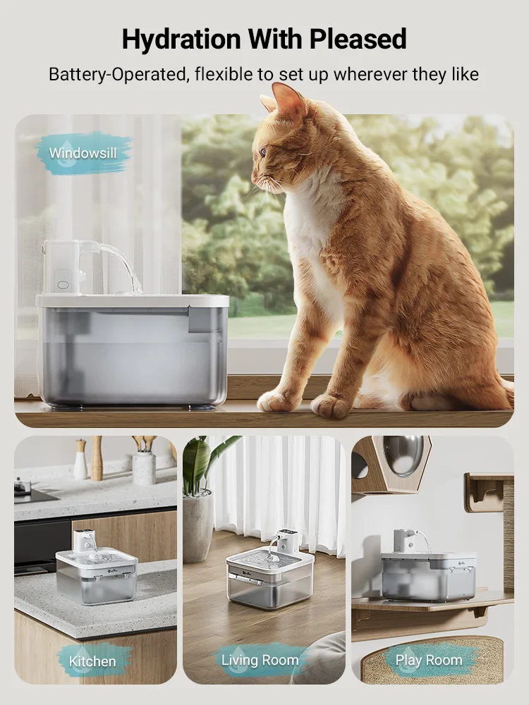 DownyPaws 2.5L Wireless Cat Water Fountain Battery Operated Automatic Pet Water Fountain with Motion Sensor Dog Water Dispenser