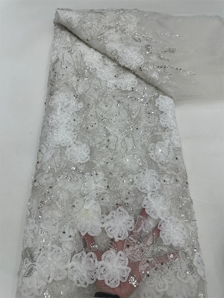 

2025 African Beaded Lace Net Fabric,Nigerian Wedding Material,Luxury Beads Fabrics for Dress Sewing, High Quality