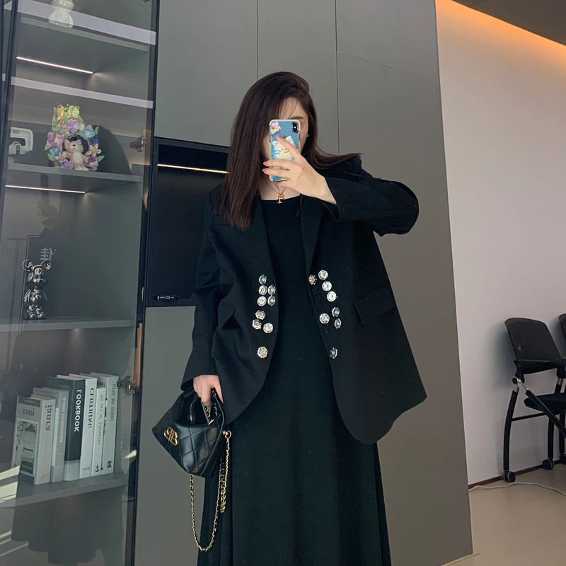 

Fat Jiajia Gold Label Art Student Design Sensation Suit Jaet Color Blo Stripes P623T00205 Women's Loose Fit Long Sve