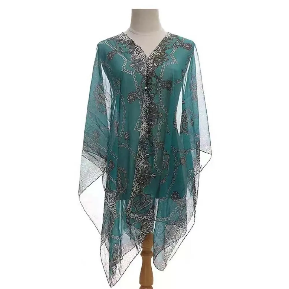 

Breathable Big Chain Printed Shawl Long with Buckle Sunscreen Thin Large Scarf Lightweight Polyester Seaside Vacation Cloak
