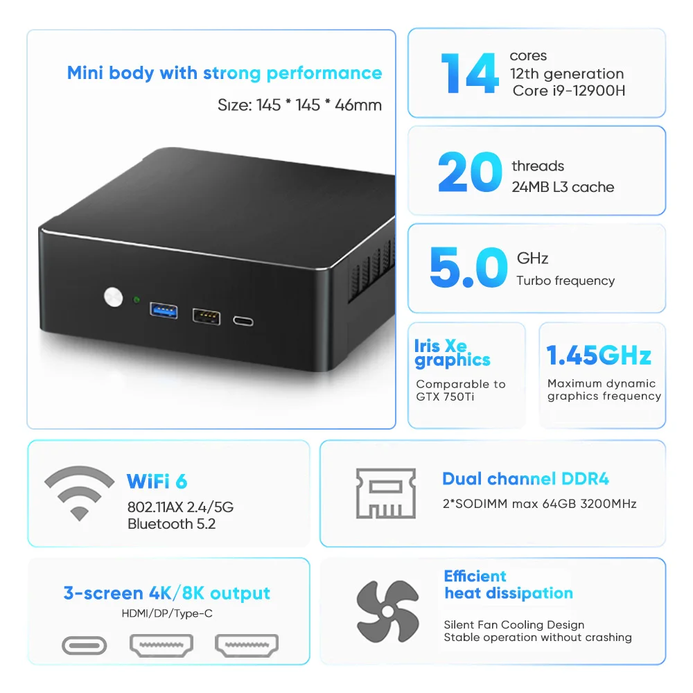 Kingnovy Intel 12th Gen Gamer Mini PC i9 12900H i7 1260P i5 1235U Windows 11 Gaming Computer Dual LAN 2.5G mini desktop WiFi6