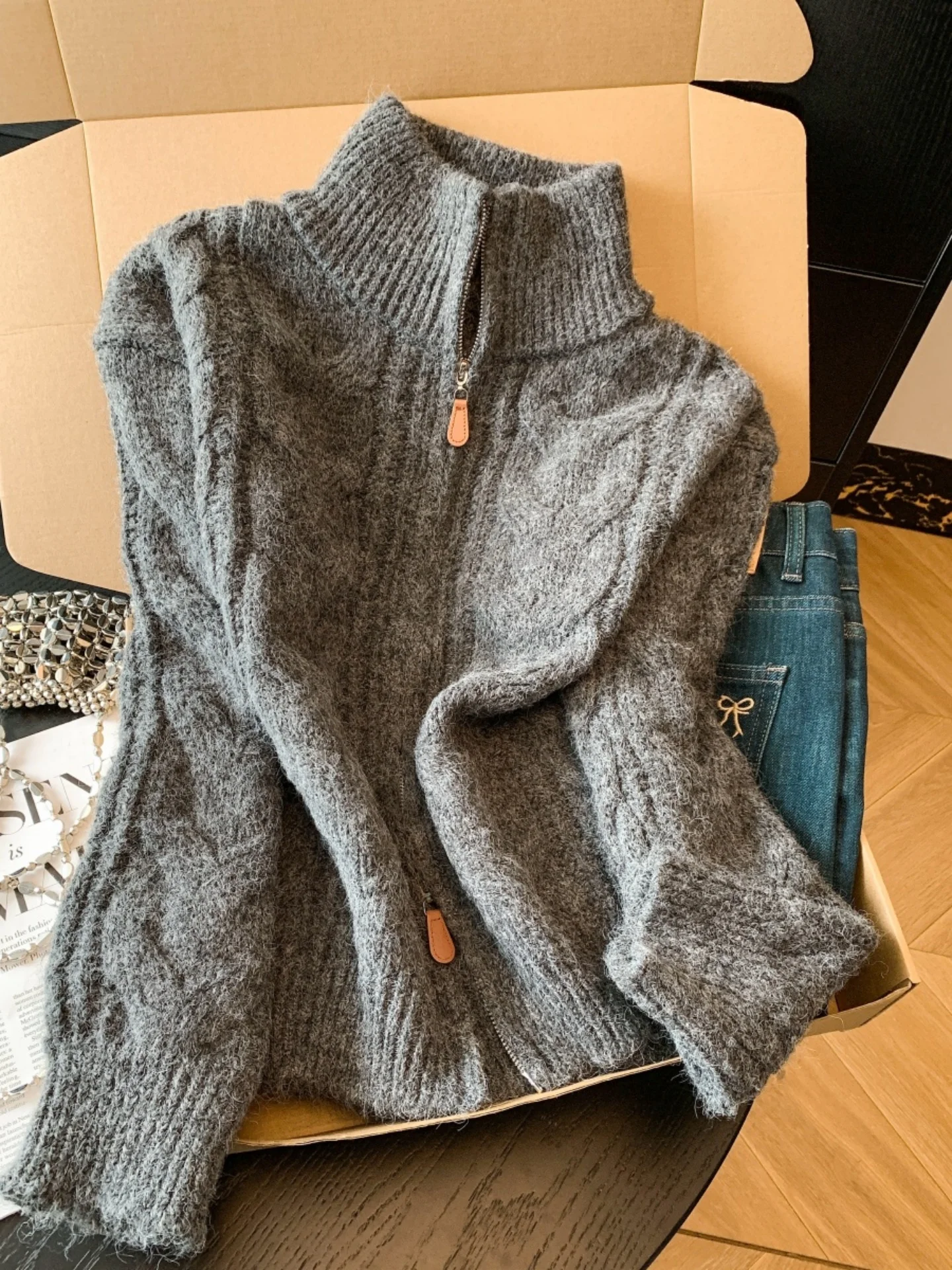 

Мягкий женский свитер-кардиган с эффектом кашемира, воротником-стойкой, двойной молнией, удобный, в стиле кэжуал, с длинными рукавами, вязаная верхняя одежда
