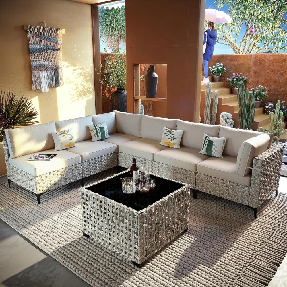 

Outdoor patio furniture with swivel rocking chair, coffee table with illumination, backyard pool, sectional single chairs