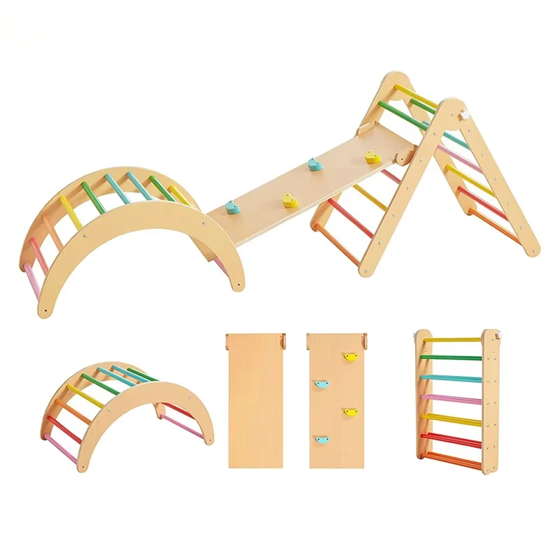 

Montessori Wooden Children Climbing Frame Play Set with Slide Rock Climb Wall Ladder for Toddlers Climbing Gym
