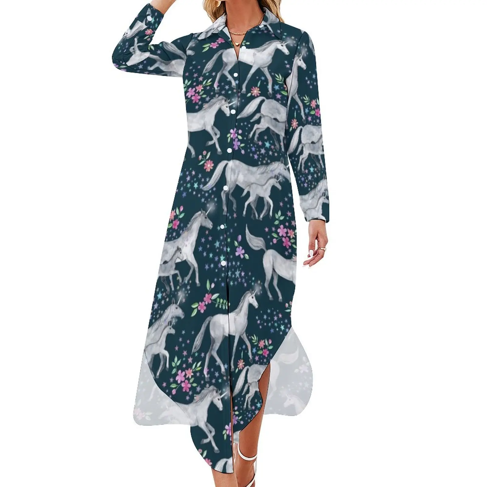 Unicorns and Stars on Dark Teal Long Sleeved Shirt Dress summer dress korean women dress for woman womens clothing