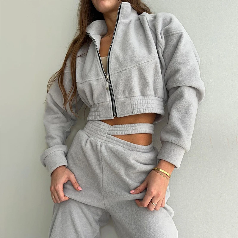 OMSJ Sporty Two Piece Fleece Tracksuit Women Zipper Stand Collar Long-sleeved Cropped Jacket+High Waist Hollow Sweatpants Street