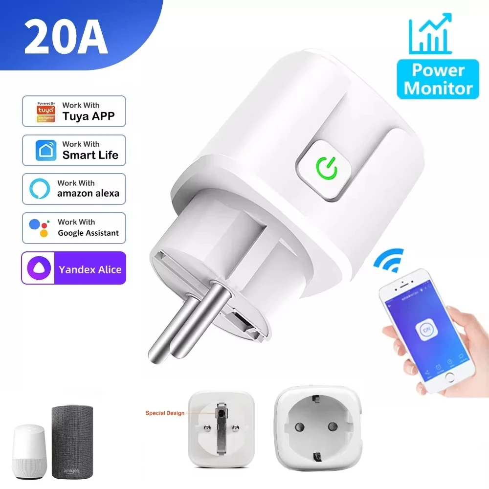 Tuya 20A Wifi EU FR Smart Plug Power Mornitor Energy-saving Timer Electric Socket Automation Smart Life Alexa Google Home Alice