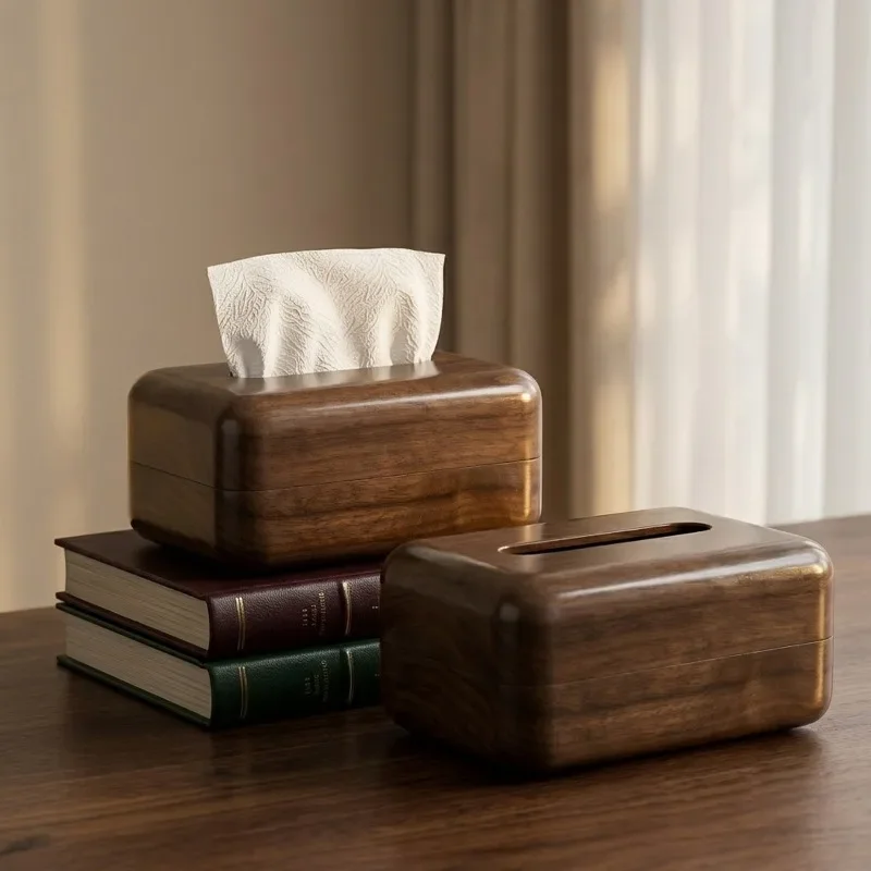 Walnut Wood Tissue Box Cover Magnetic Closure Napkin Holder Round Corner Minimalist Tissue Storage Boxes Home Tabletop Decor