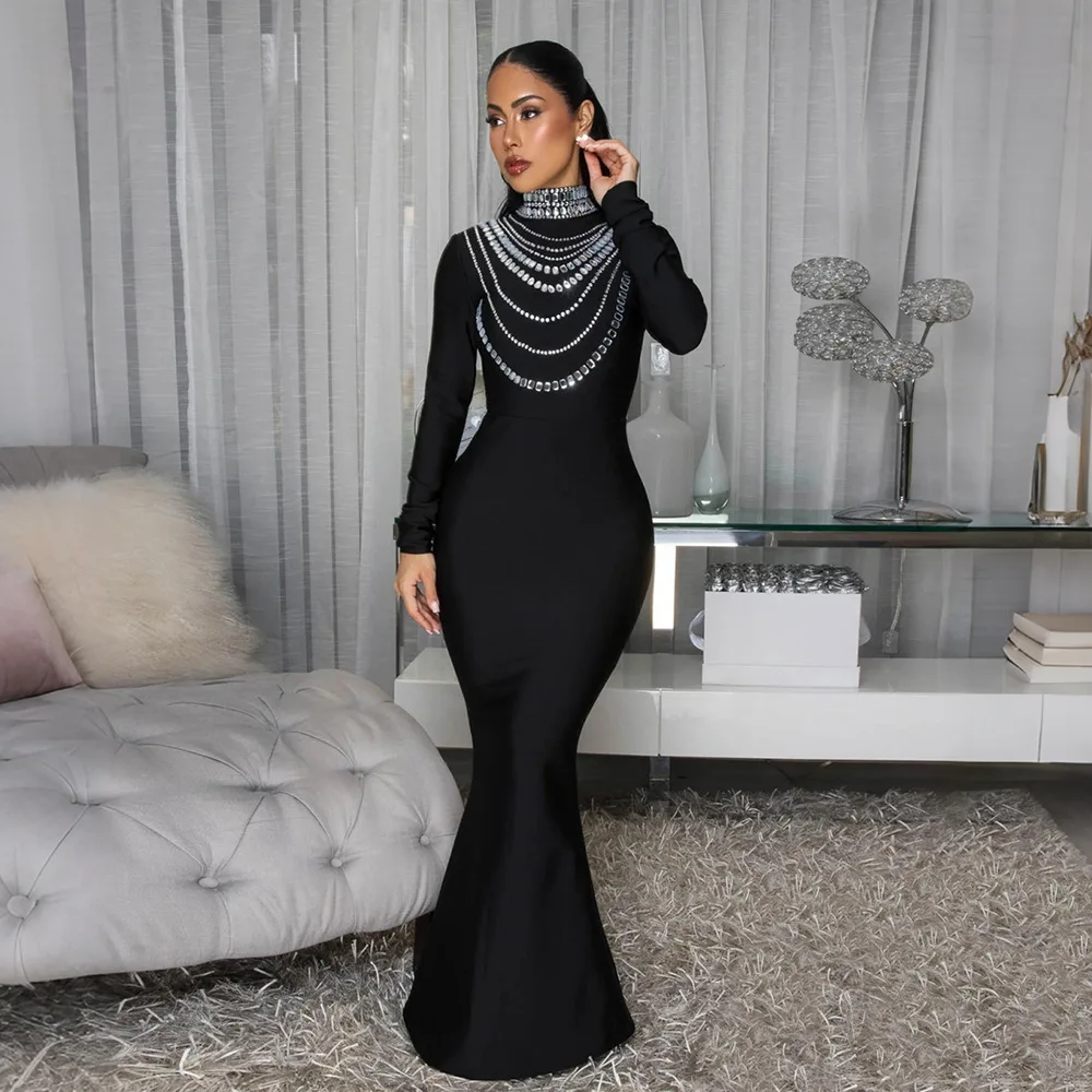 

Sexy Rhinestone Long Dress Evening Club Wear Dresses 2025 Women Fall Winter Clothes Luxury Bodycon Party Maxi Dress