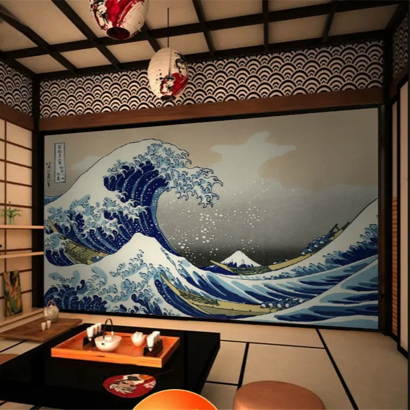 Papel tapiz de fotos HD de olas grandes ukiyo-e japonés y fondo de viento, papel de pared 3D para cocina japonesa, decoración de restaurante de Sushi