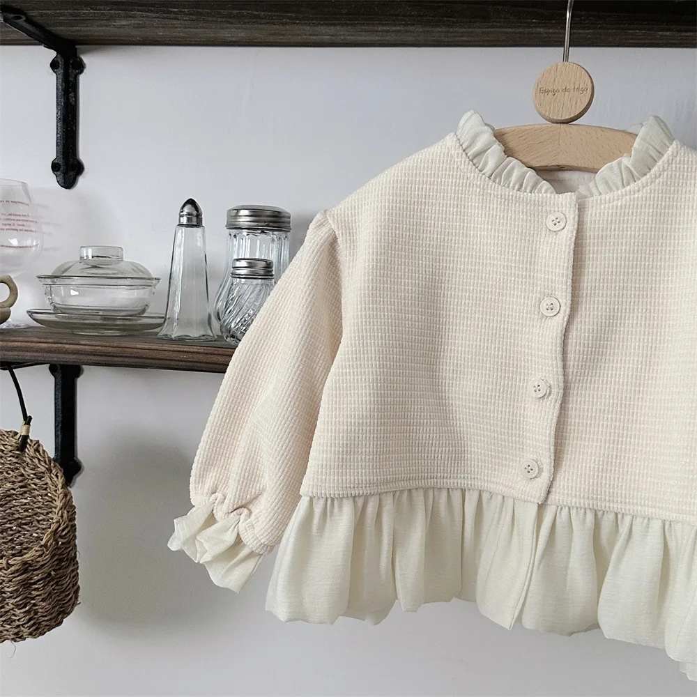 2024 Autumn New Baby Girl Long Sleeve Lace Coat Cotton Infant Toddler Solid Single Breasted Jacket Girls Chenille Cardigan Coat