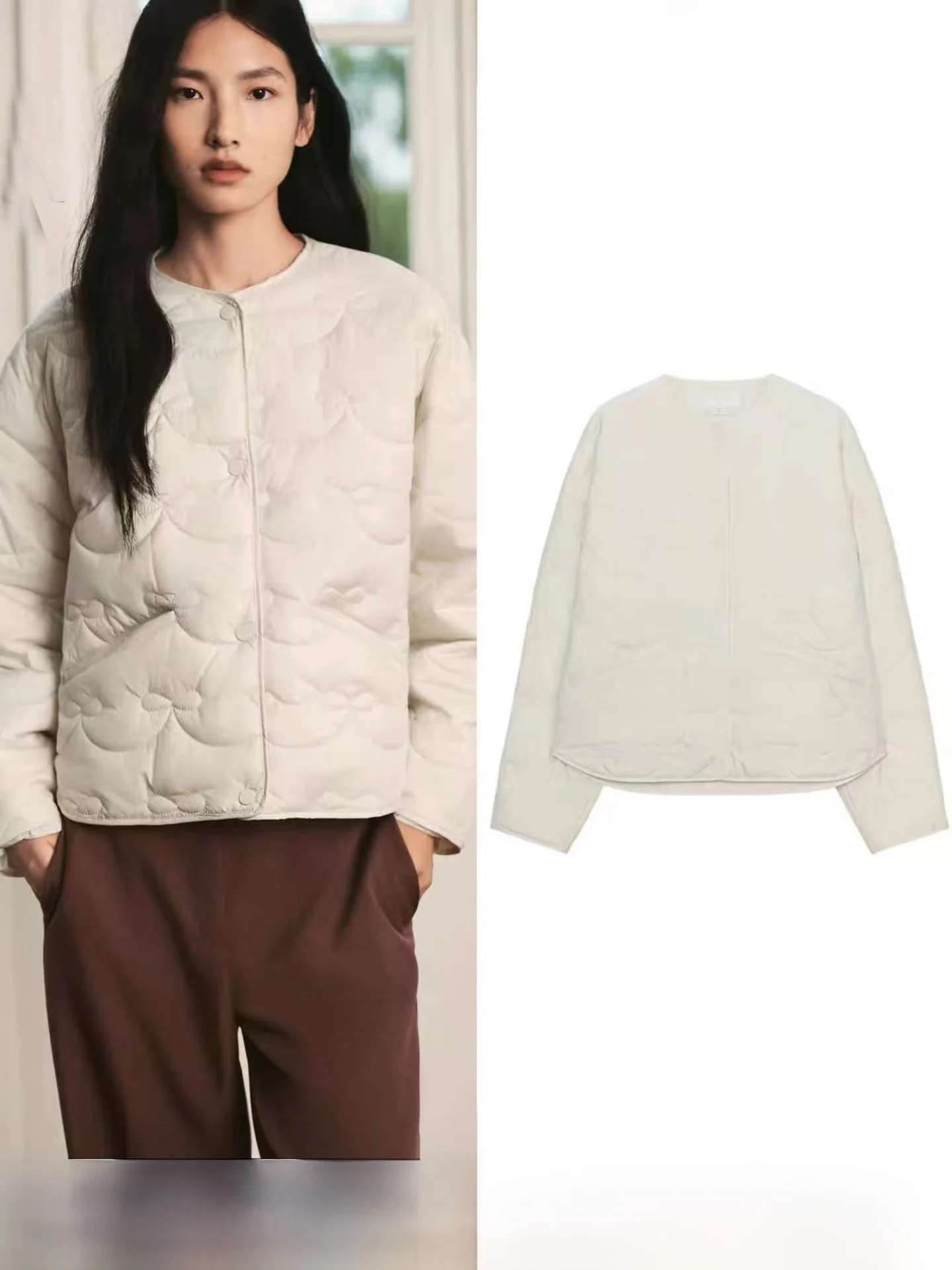 New Autumn Women's round Neck Long Sleeve Cotton Jacket  Knot Stitched Thin Cotton Outerwear 3046828 Korean Style St...