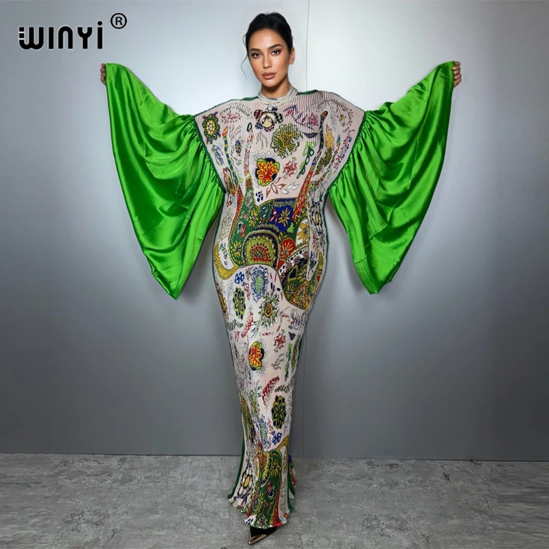 WINYI Bubble sleeve Pleated elastic slim dress beach wear kaftan abaya dubai luxury party long dress muslim woman evening dress