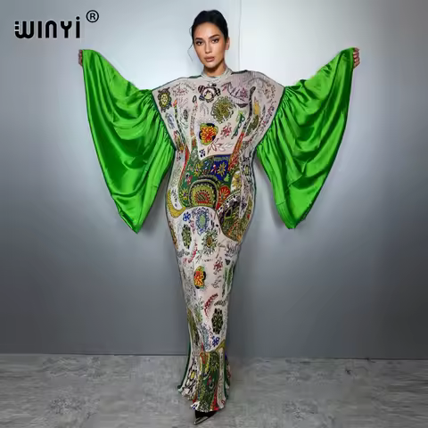 WINYI Bubble sleeve Pleated elastic slim dress beach wear kaftan abaya dubai luxury party long dress muslim woman evening dress