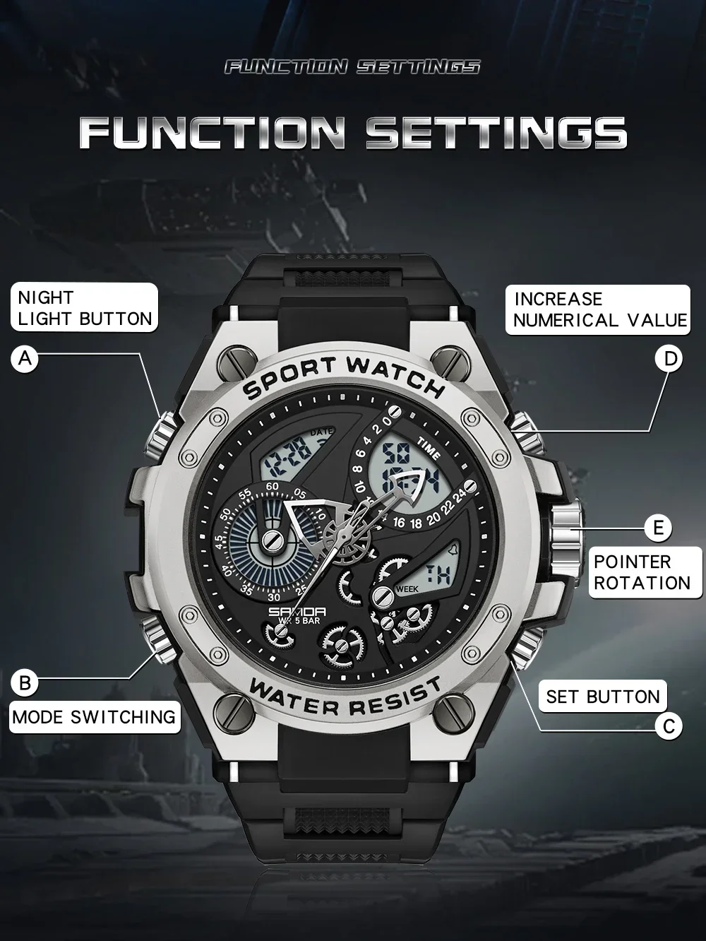 SANDA 9020 Men\'s Watch Electric Watch Multi-Function Fashion Trend Outdoor Luminous Alarm Clock Waterproof Shockproof Men Watch