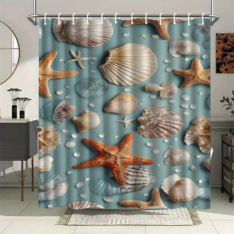 

Coastal Beach Seashell Starfish Shower Curtain Bathroom Decor Ocean Nautical Waterproof Tropical Curtains 180x200cm