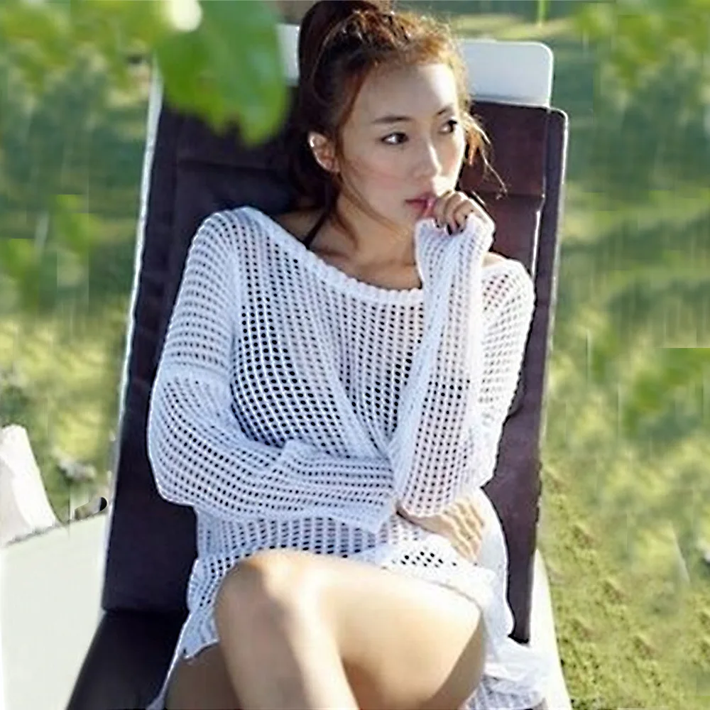 

Hot-selling Korean Version Hollow Mesh Knitted Sweater Bikini Swimsuit With Split-ended Beach Blouse