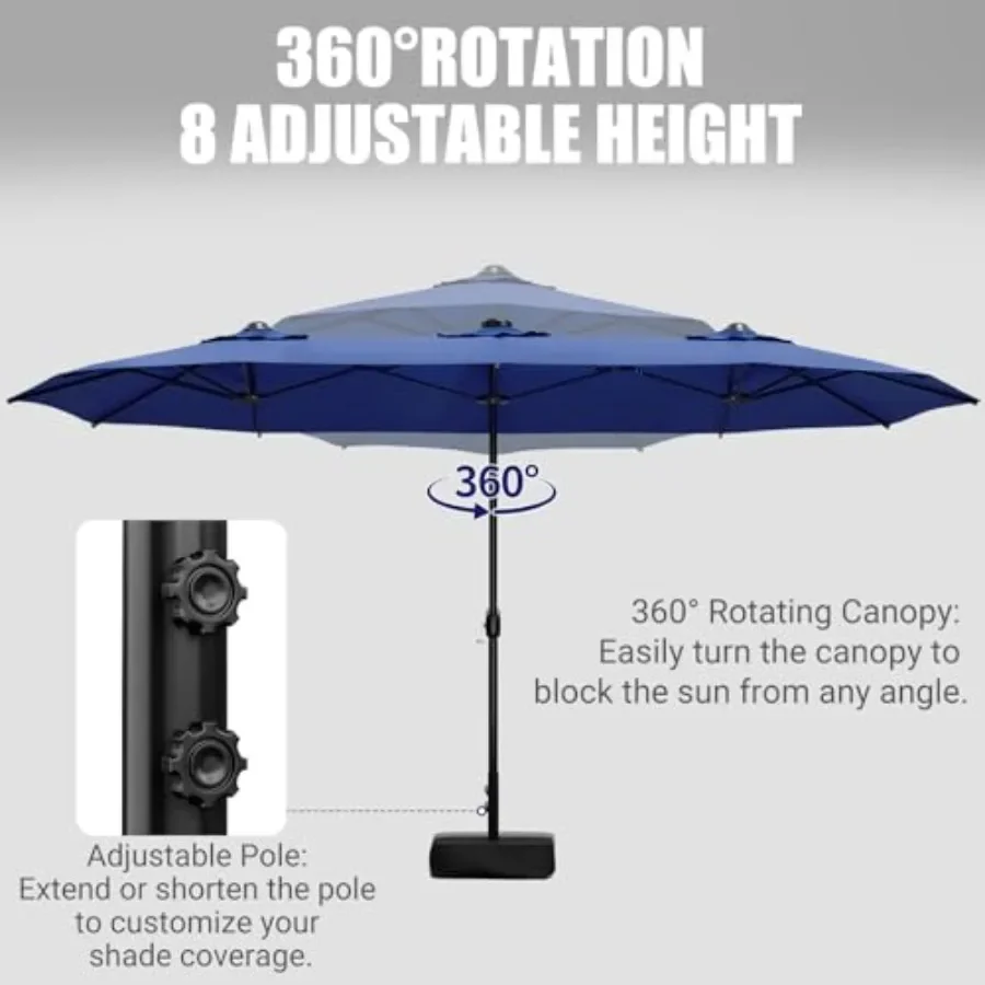 15Feet Double-Sided Patio Umbrella for Backyard Poolside Lawn Garden, Polyester Fabric, Blue, UV-Resistant Tilt Function