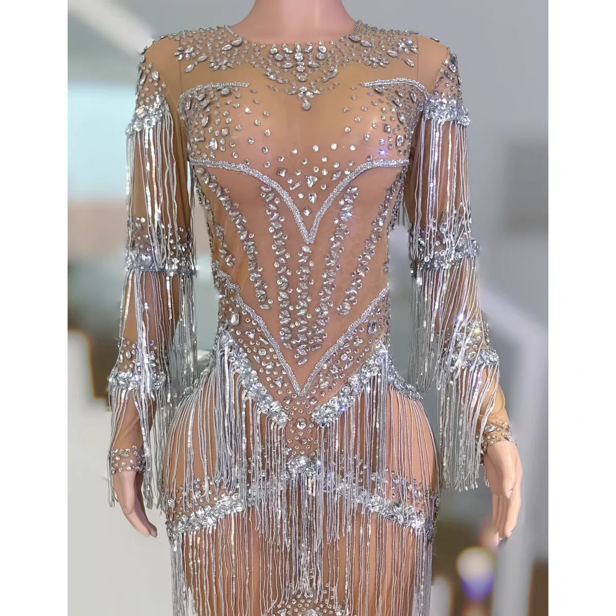 Nachtclub DJ Bar Zangeres Stadiumkostuum Sexy Volledige Diamanten Kwastje Diamanten Ketting Rok Dans Team Festival Party Thema Show