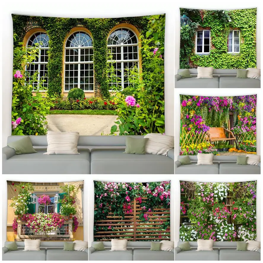 Flower Tapestry Spring Fence Landscape Backdrop Cloth Wall Hanging Garden Poster Outdoor Home Decor Tapestry Aesthetics