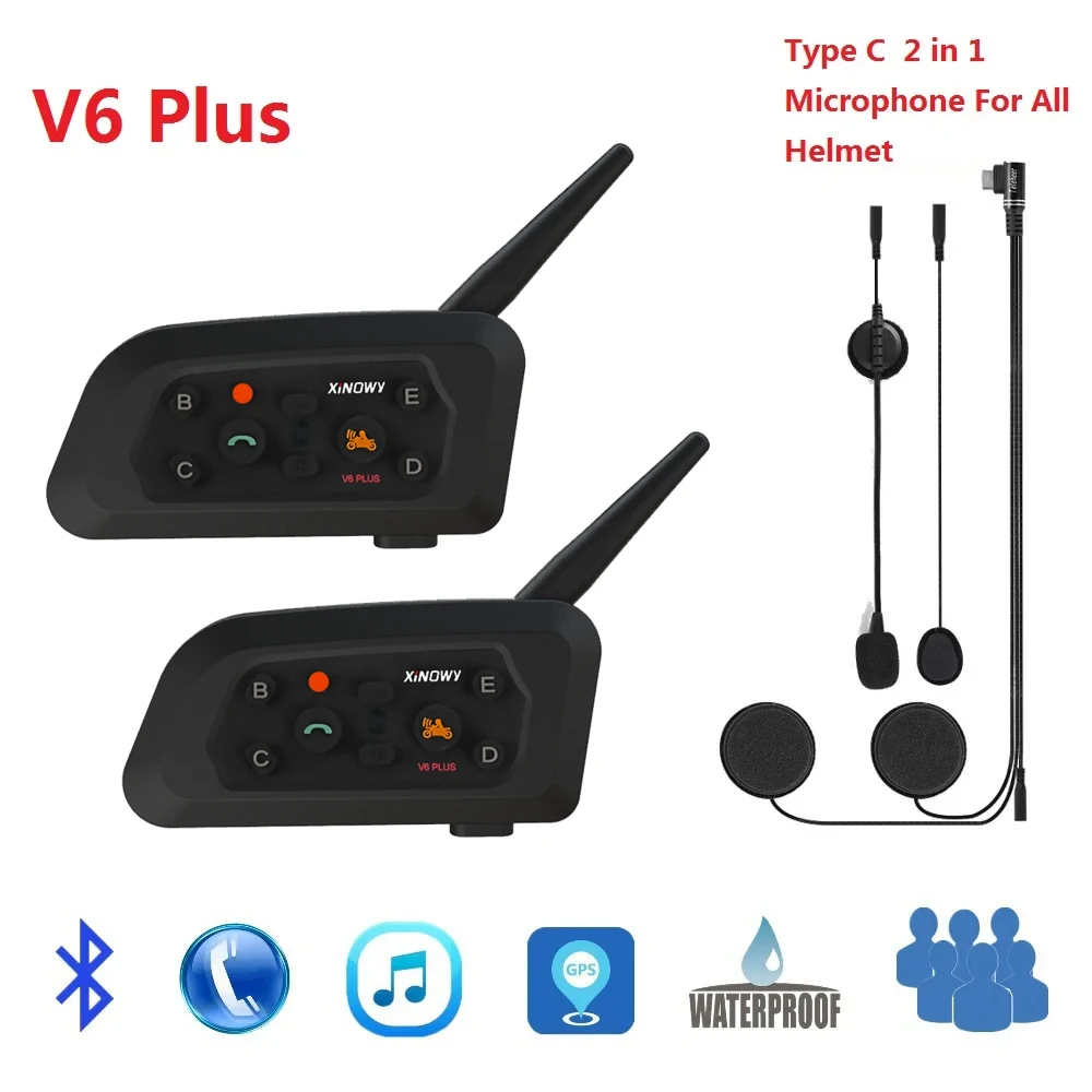 

V6 Plus Bluetooth Motorcycle Helmet Intercom Headset With 1500M BT 5.0 Interphone Communicator for 6 Riders Waterproof