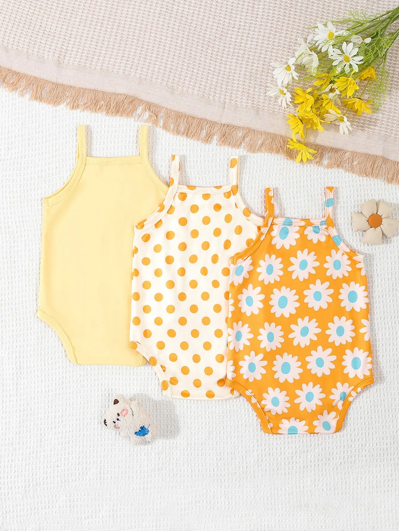 3 Piece Summer Baby Girl Sweet Cute Casual Comfortable Breathable Halter Triangle Dress Flower Print Multi-Piece Climbing Suit