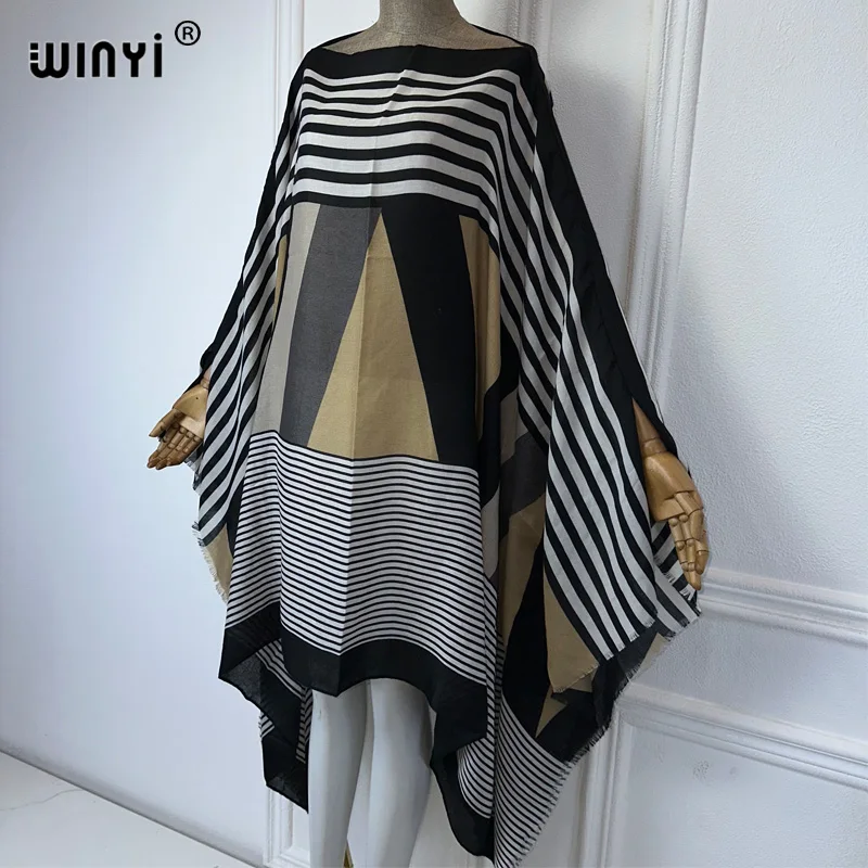 Winyi Africa Boho Jurk Geometrie Print Sexy Jurk Vrouwen Elegant Gewaad Vrouwelijke Kaftan Abayas Dubai Luxe Strand Cover Up