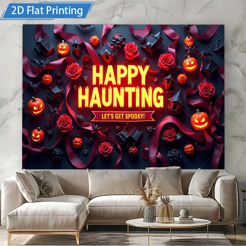 قطعة واحدة من نسيج الحائط Happy Haunting Halloween - ديكور القرع والورود المخيف